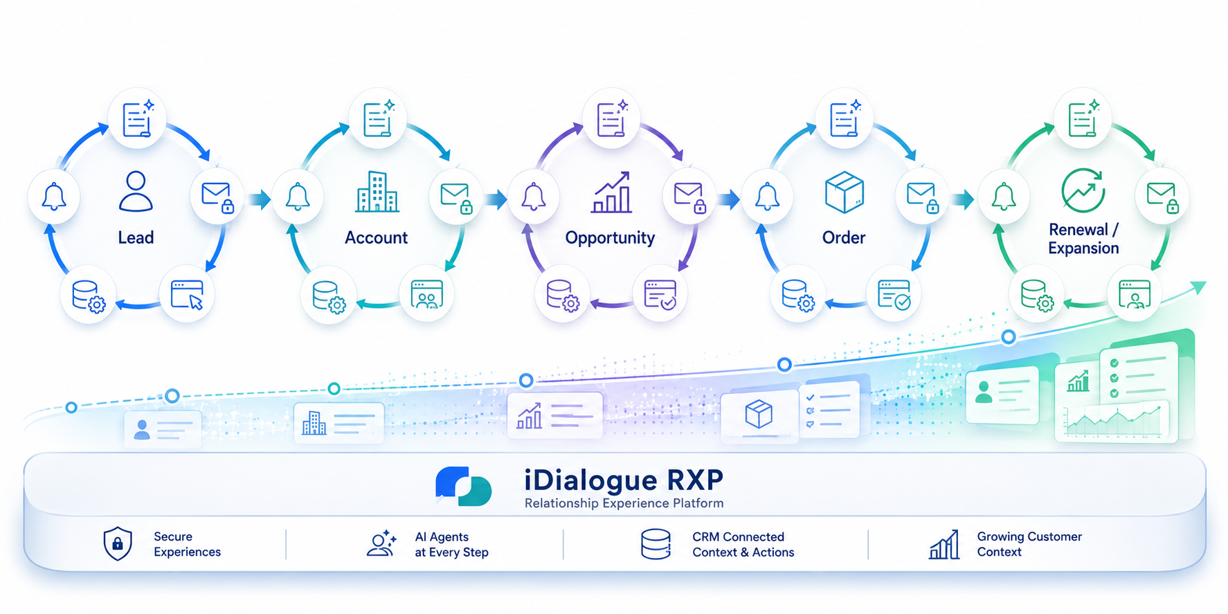 iDialogue RXP lifecycle showing lead, account, opportunity, order, and renewal flywheels